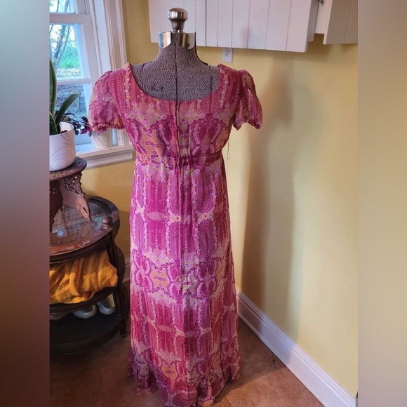 Vintage 1970s Pink Psychedelic Maxi Dress, Sheer puff sleeves, US4 - Picture 2 of 5